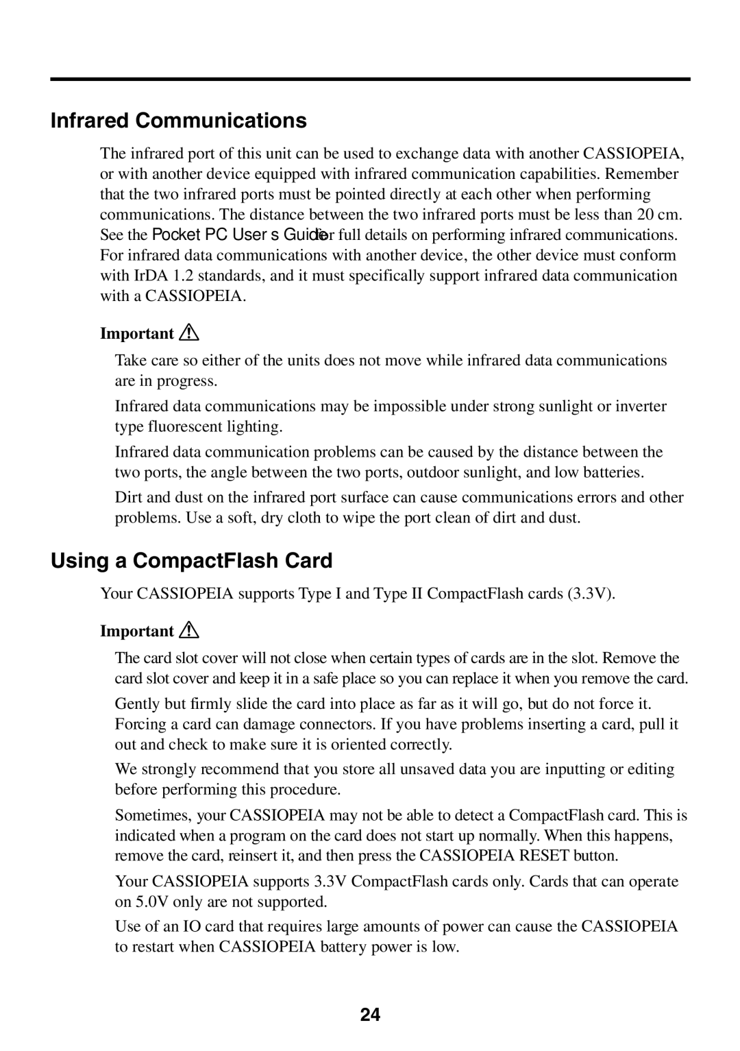 Casio E-125 manual Infrared Communications, Using a CompactFlash Card 