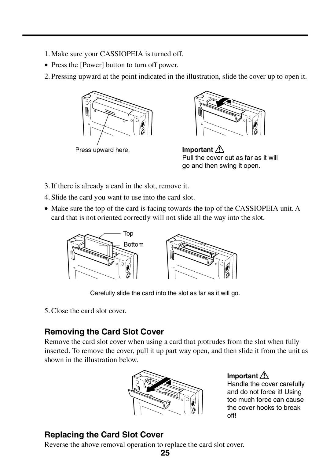 Casio E-125 manual Removing the Card Slot Cover, Replacing the Card Slot Cover 