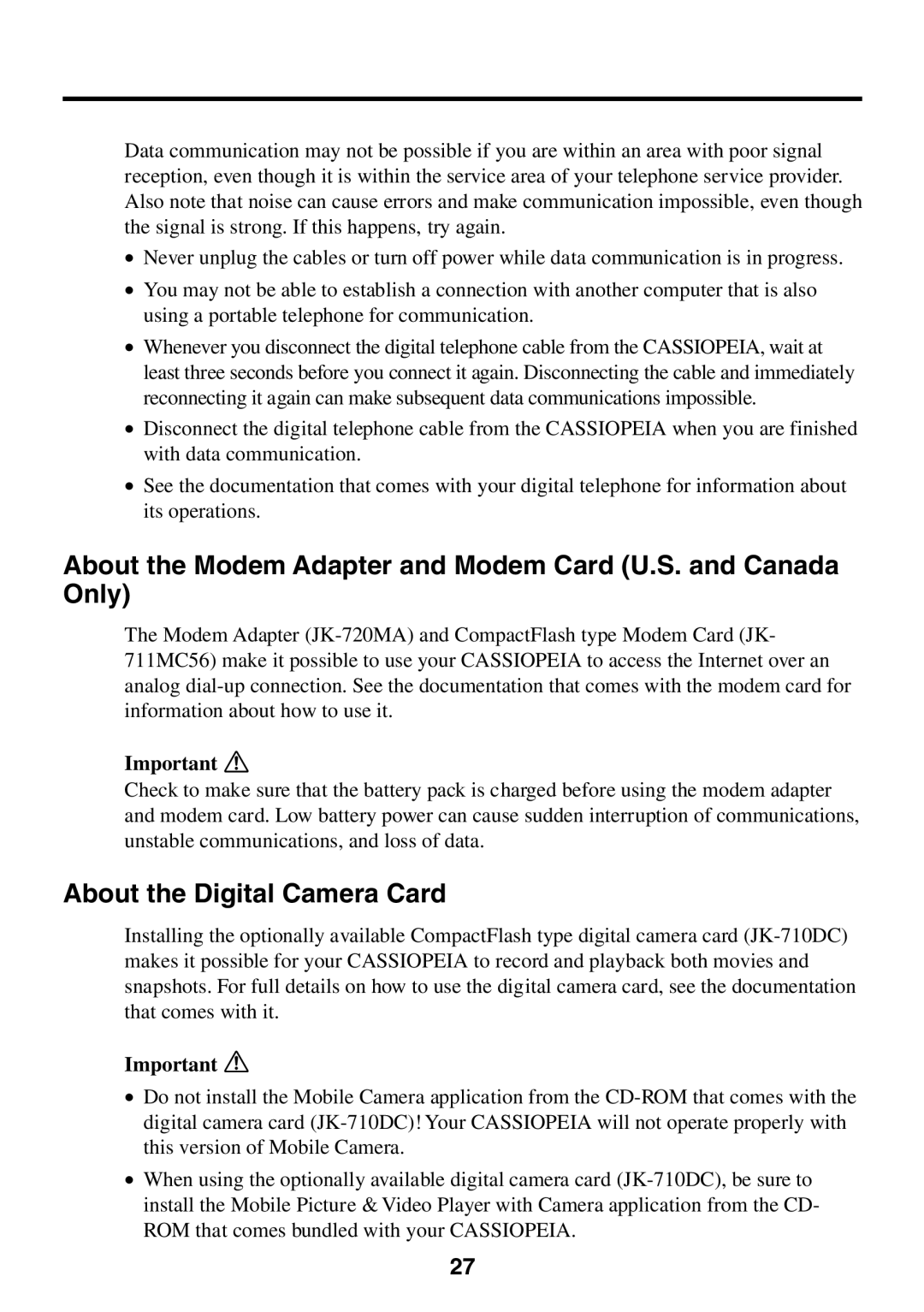 Casio E-125 manual About the Modem Adapter and Modem Card U.S. and Canada Only, About the Digital Camera Card 