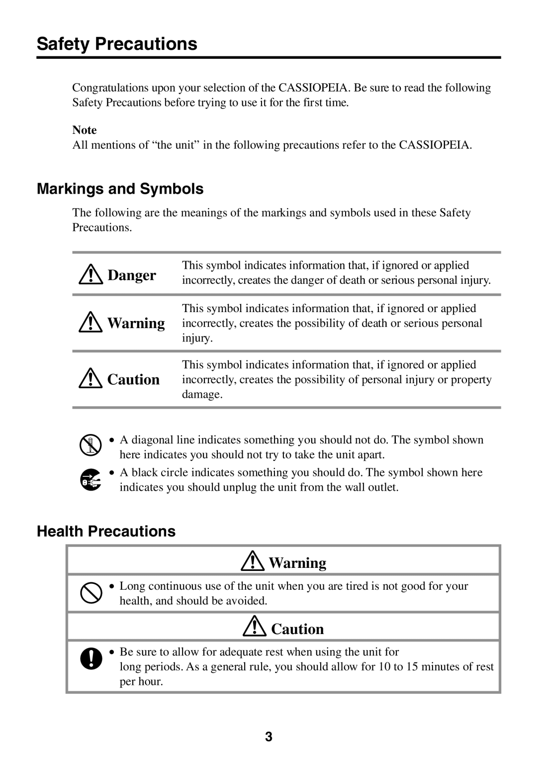 Casio E-125 manual Safety Precautions, Markings and Symbols, Health Precautions 