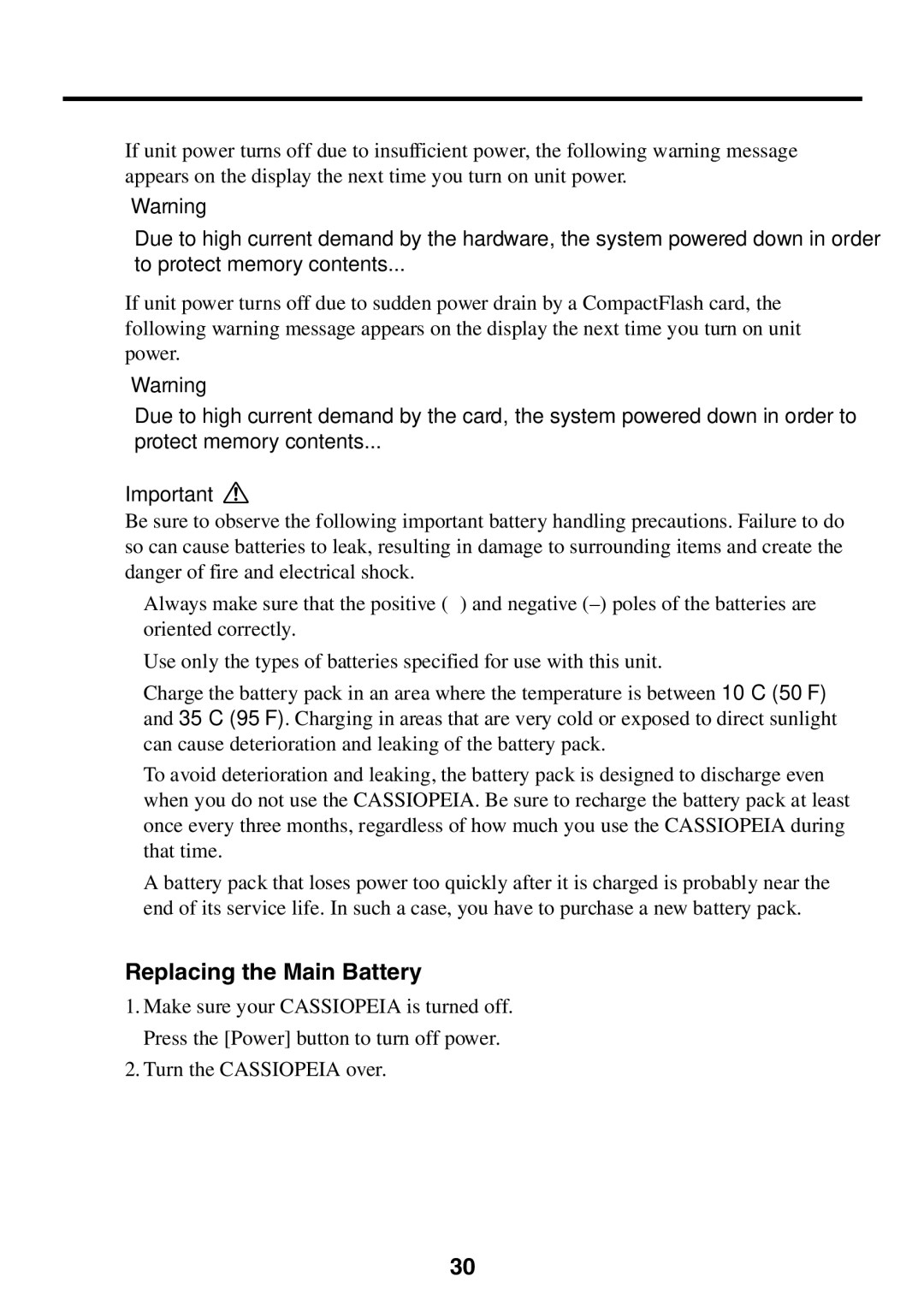 Casio E-125 manual Replacing the Main Battery 