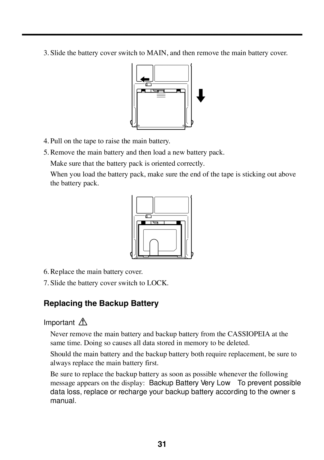 Casio E-125 manual Replacing the Backup Battery 