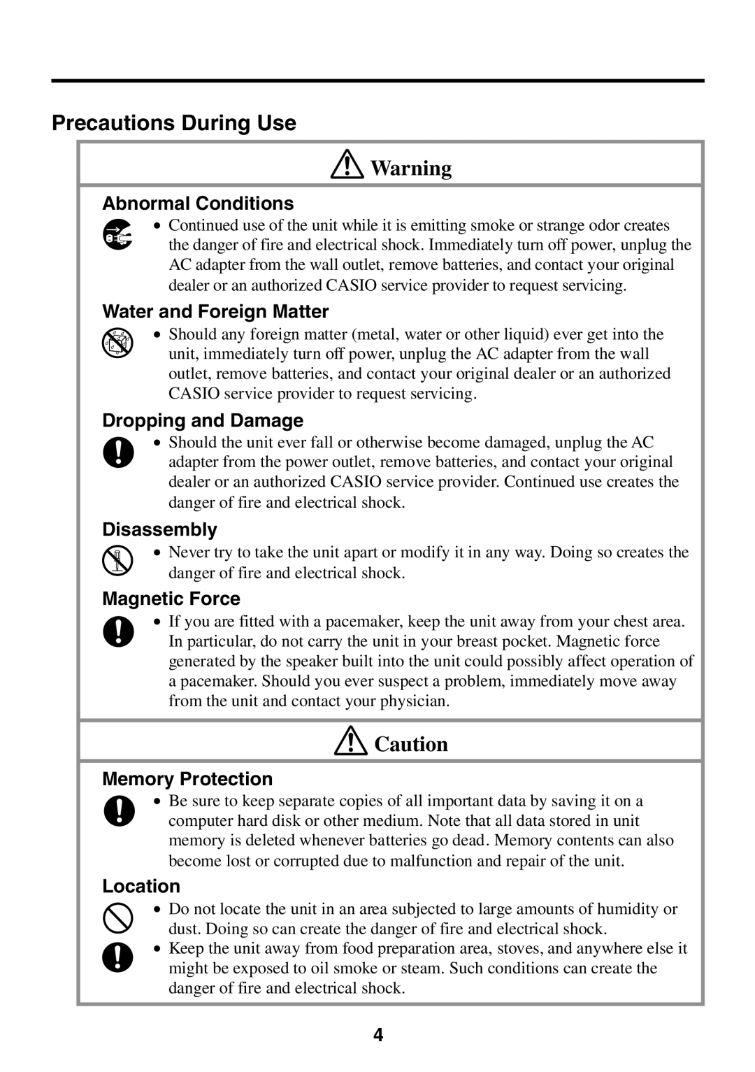 Casio E-125 manual Precautions During Use 