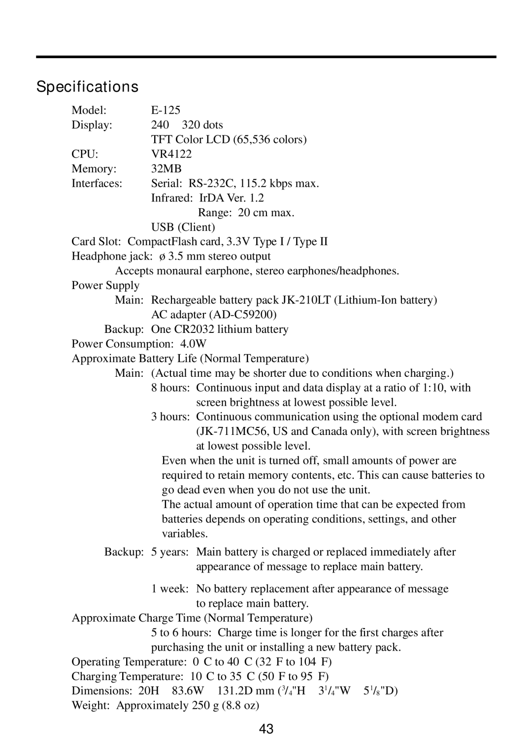 Casio E-125 manual Specifications, Cpu 