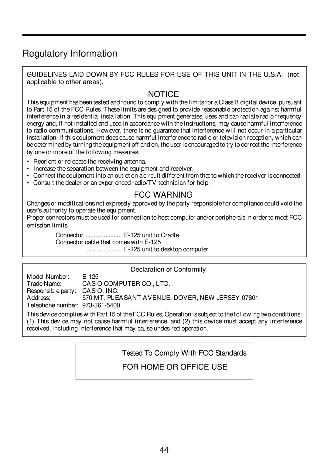 Casio E-125 manual Regulatory Information, FCC Warning 