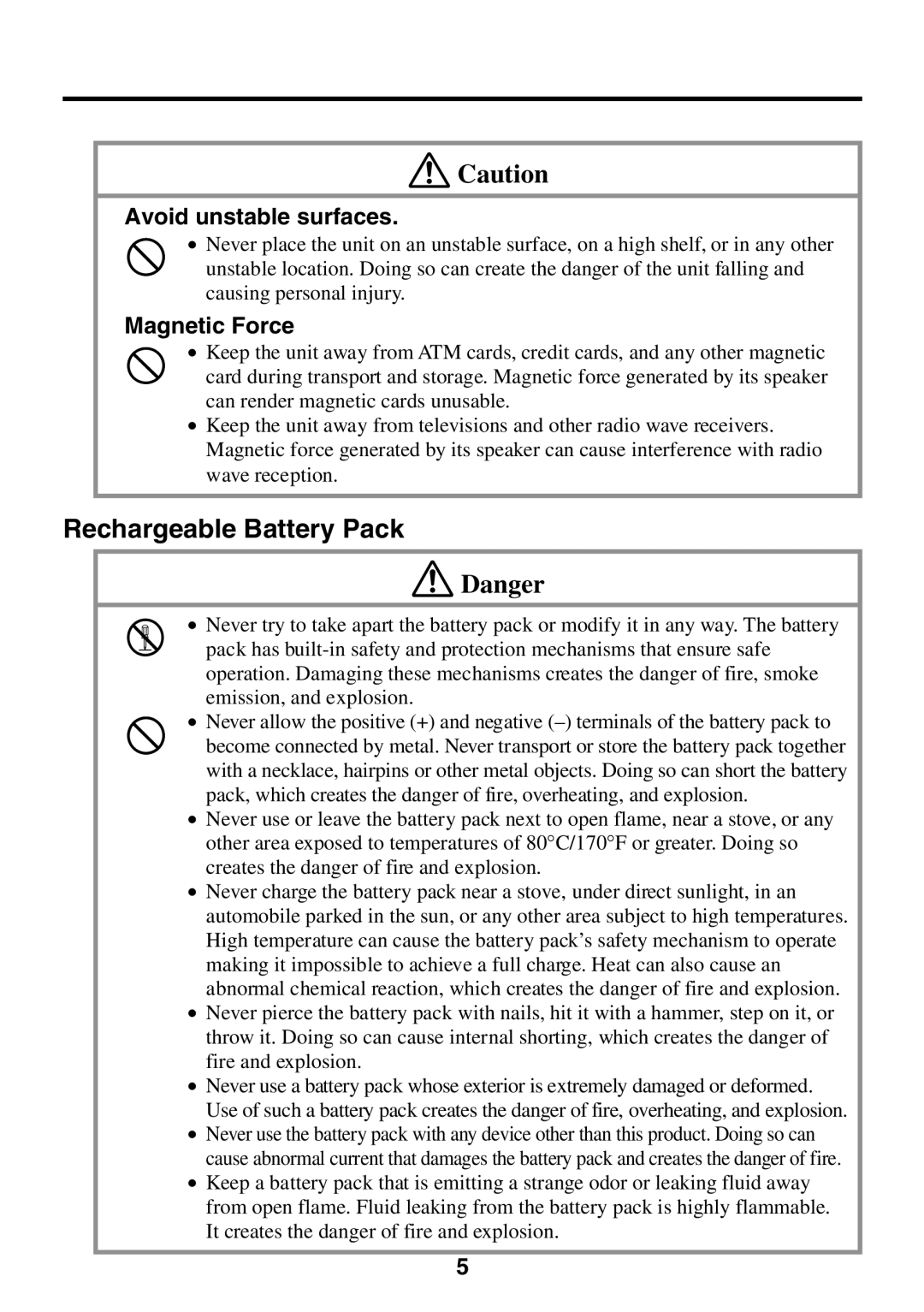 Casio E-125 manual Rechargeable Battery Pack, Avoid unstable surfaces 