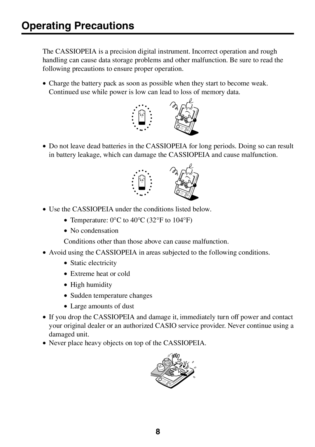 Casio E-125 manual Operating Precautions 