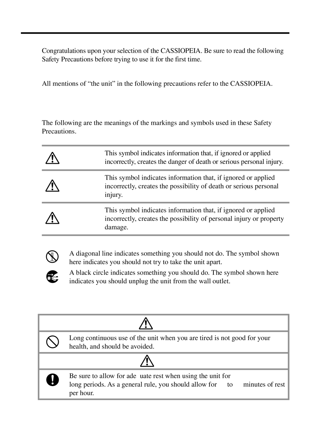 Casio E-200 manual Safety Precautions, Markings and Symbols, Health Precautions 