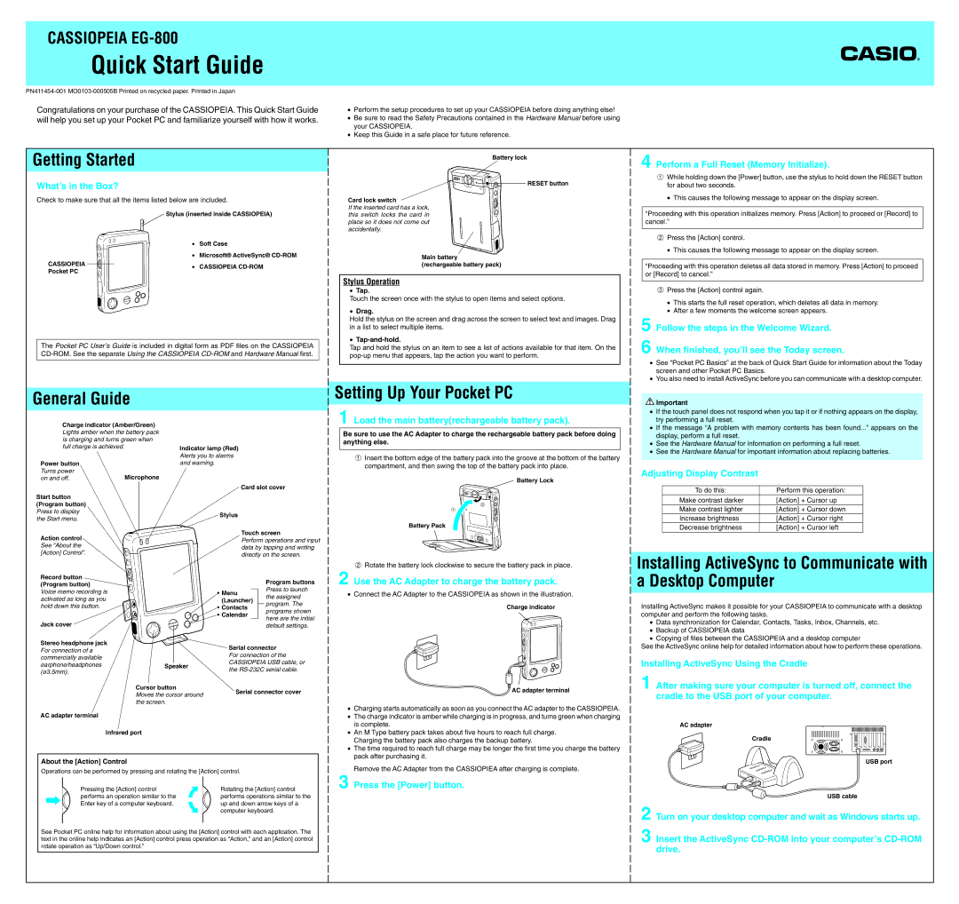 Casio EG-800 quick start Getting Started, General Guide, Setting Up Your Pocket PC 