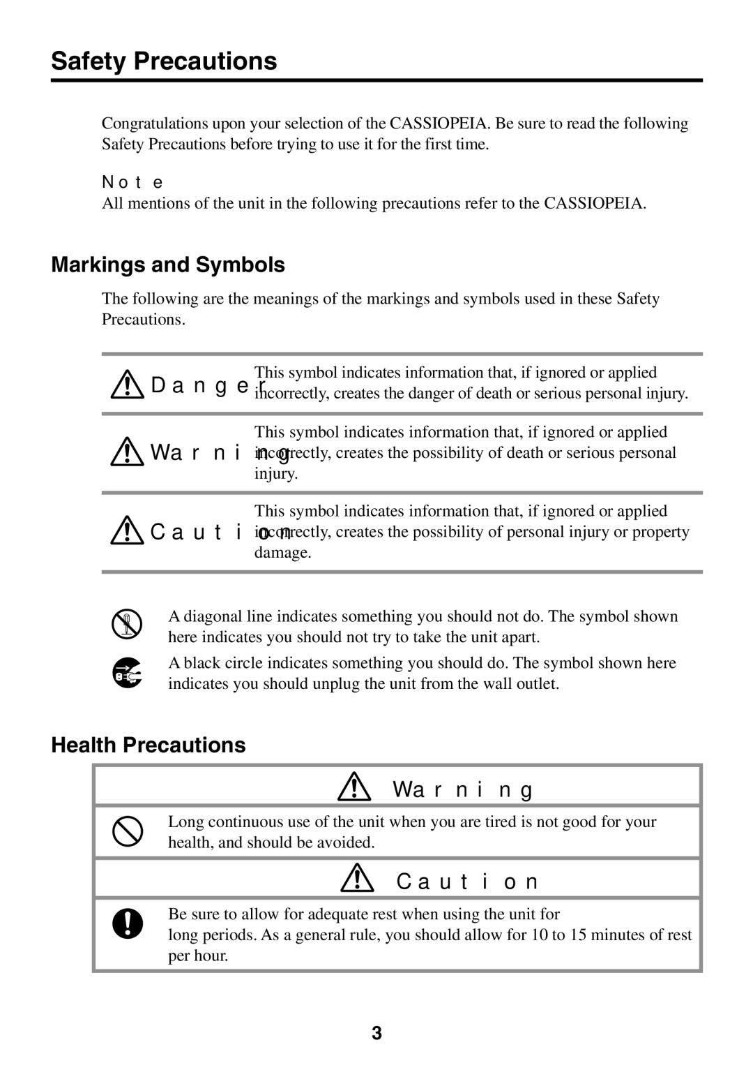 Casio EM-500 manual Safety Precautions, Markings and Symbols, Health Precautions 