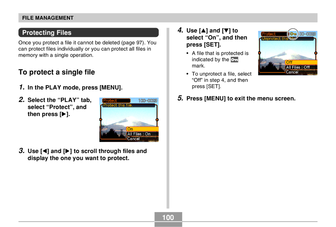 Casio EX-M20 manual To protect a single file, 100, Protecting Files 