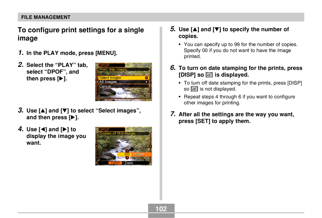 Casio EX-M20 manual To configure print settings for a single image, 102 