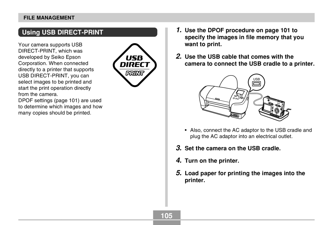 Casio EX-M20 manual 105, Using USB DIRECT-PRINT 