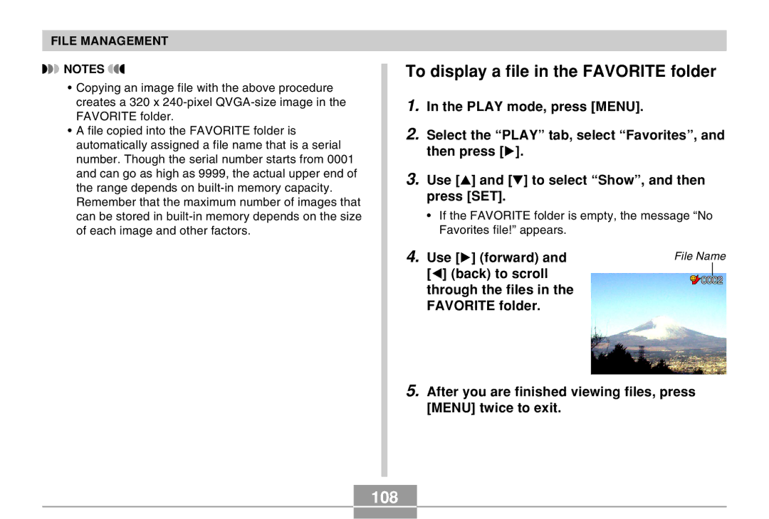 Casio EX-M20 manual To display a file in the Favorite folder, 108, Use forward 