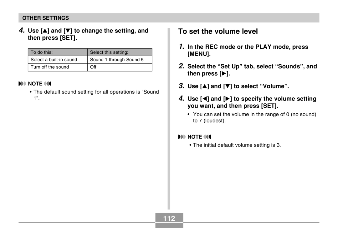 Casio EX-M20 manual To set the volume level, 112 