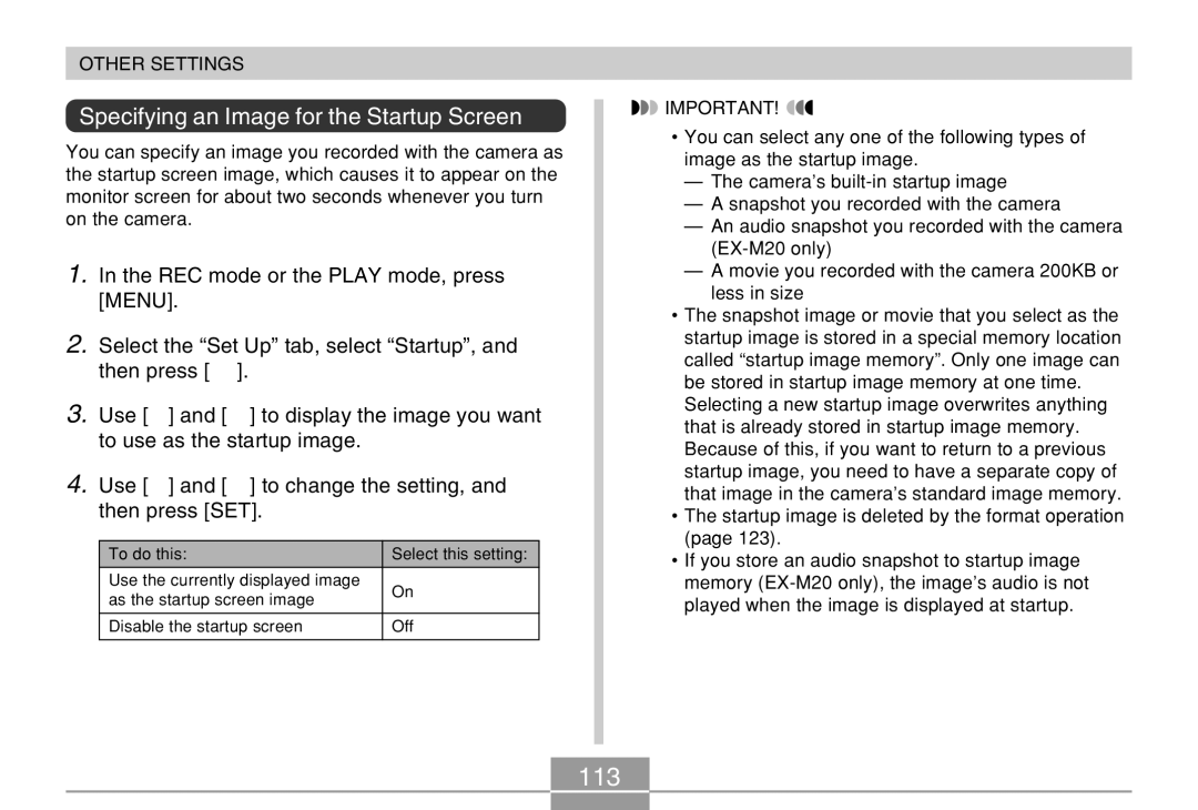 Casio EX-M20 manual 113, Specifying an Image for the Startup Screen 