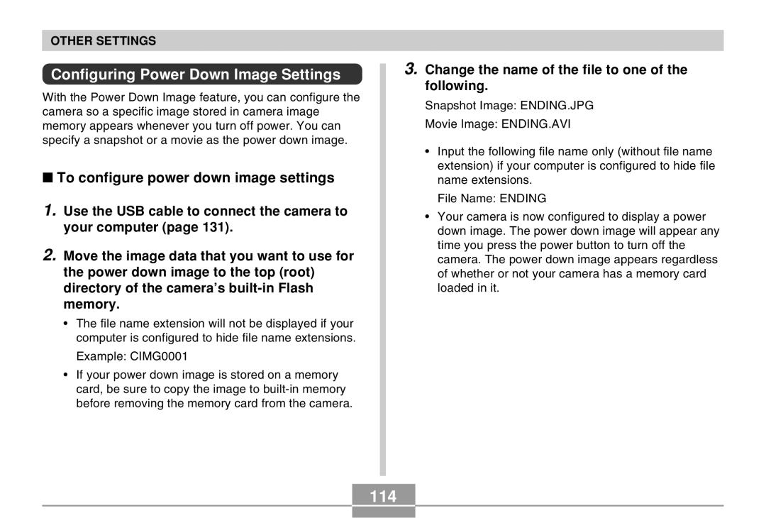 Casio EX-M20 manual 114, Configuring Power Down Image Settings, To configure power down image settings 