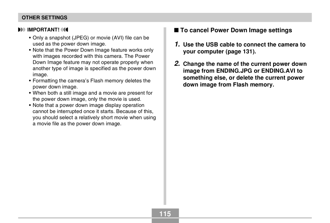 Casio EX-M20 manual 115, To cancel Power Down Image settings 