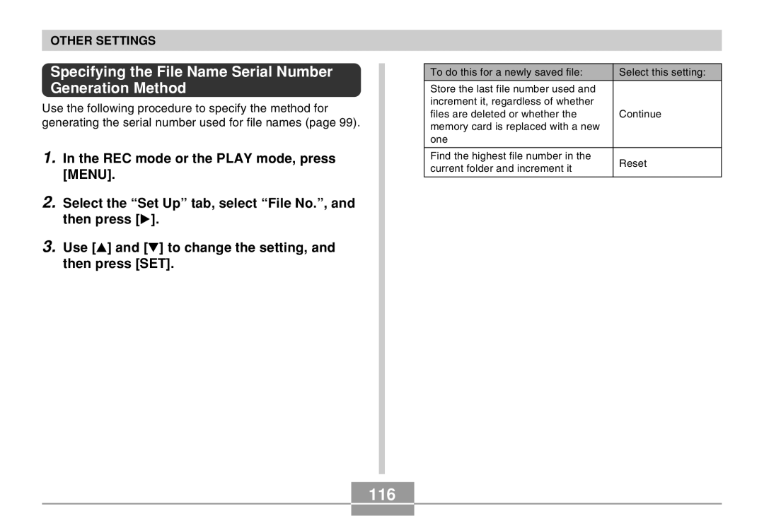 Casio EX-M20 manual 116, Specifying the File Name Serial Number Generation Method 