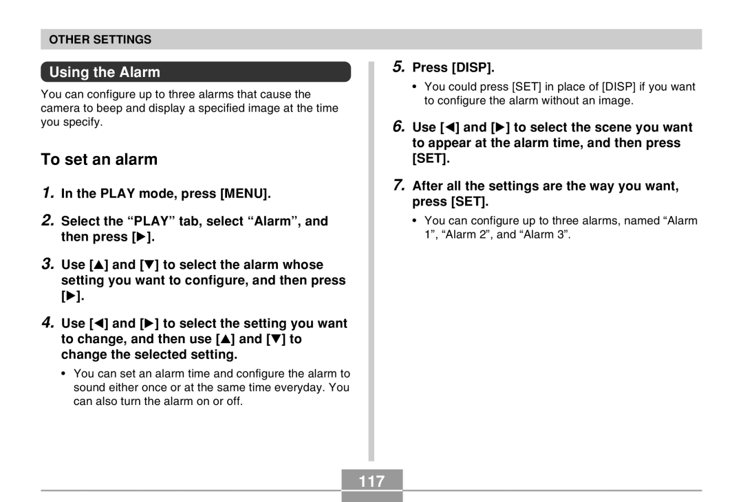 Casio EX-M20 manual To set an alarm, 117, Using the Alarm, Press Disp 