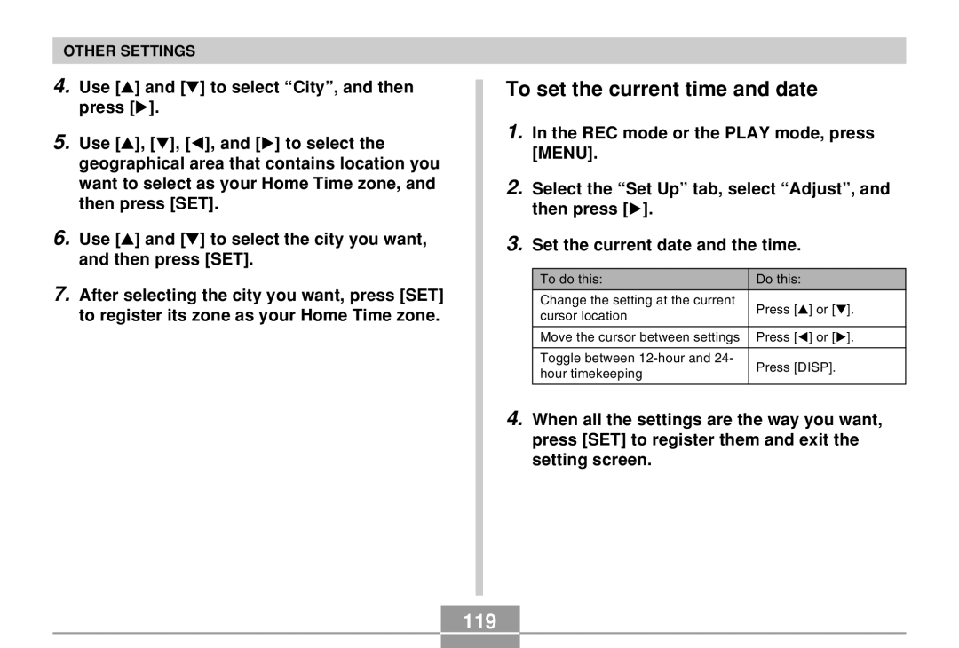 Casio EX-M20 manual To set the current time and date, 119 