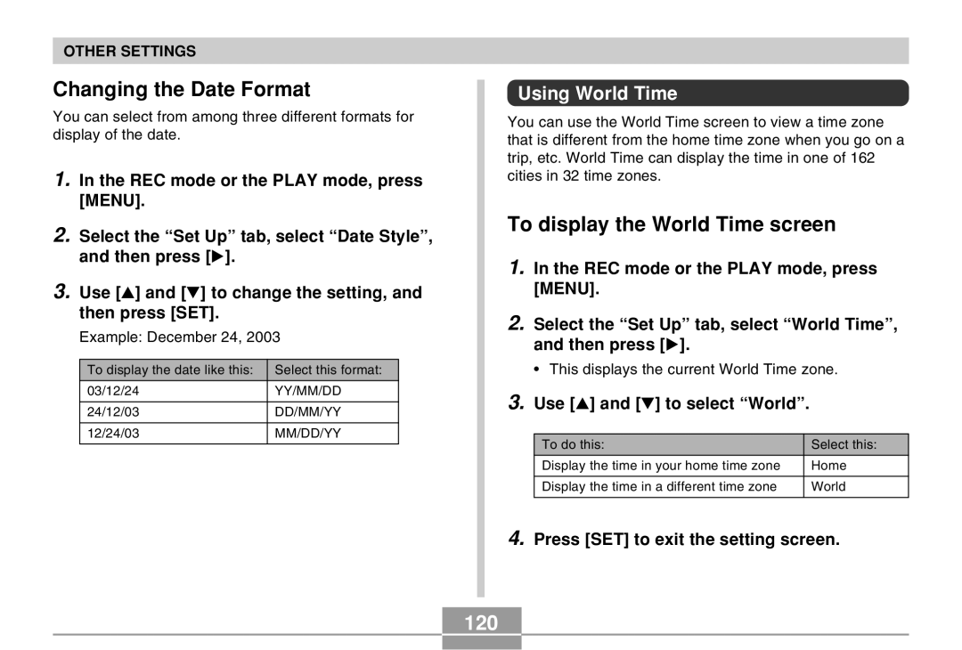 Casio EX-M20 manual Changing the Date Format, To display the World Time screen, 120, Using World Time 