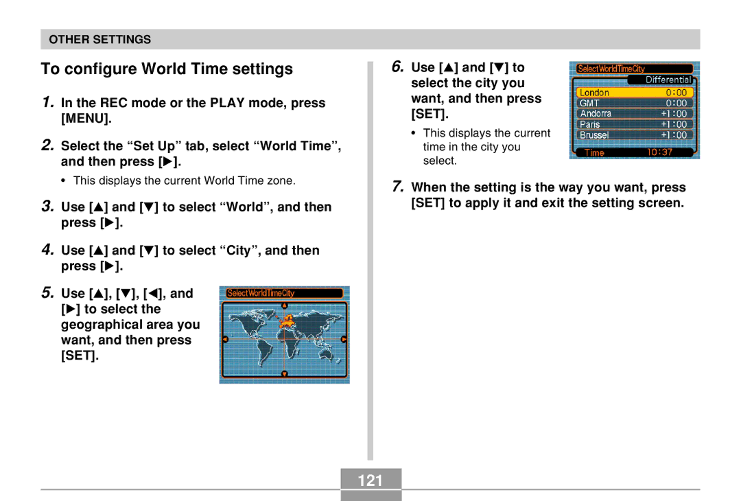 Casio EX-M20 manual To configure World Time settings, 121 