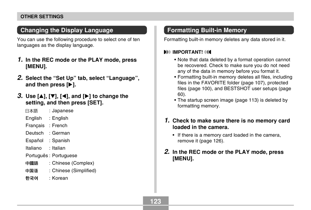 Casio EX-M20 manual 123, Changing the Display Language, Formatting Built-in Memory, REC mode or the Play mode, press Menu 