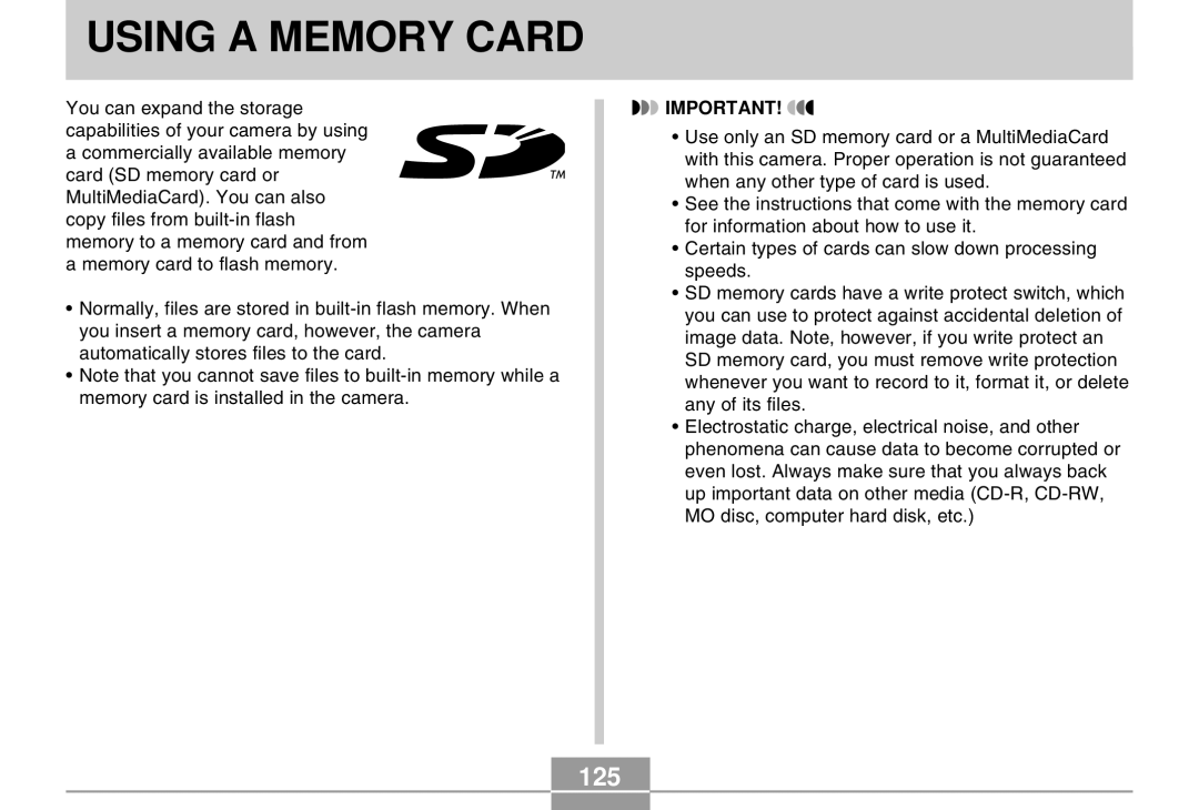 Casio EX-M20 manual Using a Memory Card, 125 