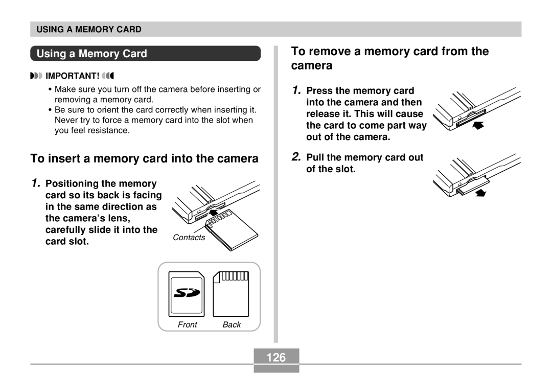 Casio EX-M20 To insert a memory card into the camera, To remove a memory card from the camera, 126, Using a Memory Card 