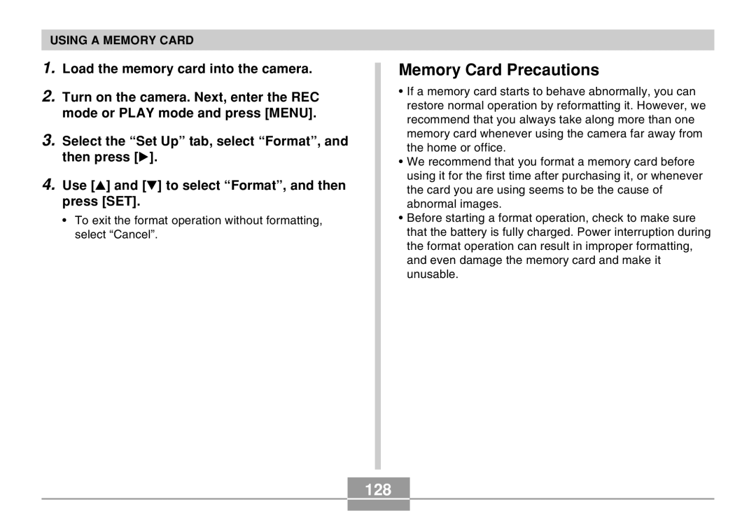 Casio EX-M20 manual Memory Card Precautions, 128 