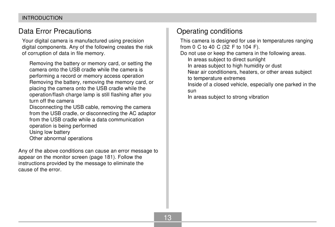 Casio EX-M20 manual Data Error Precautions, Operating conditions 