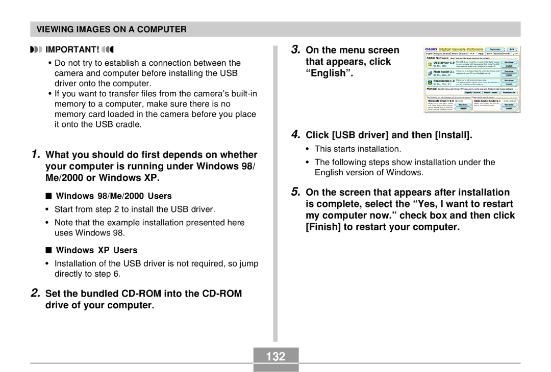 Casio EX-M20 manual 132, Windows 98/Me/2000 Users, Windows XP Users 