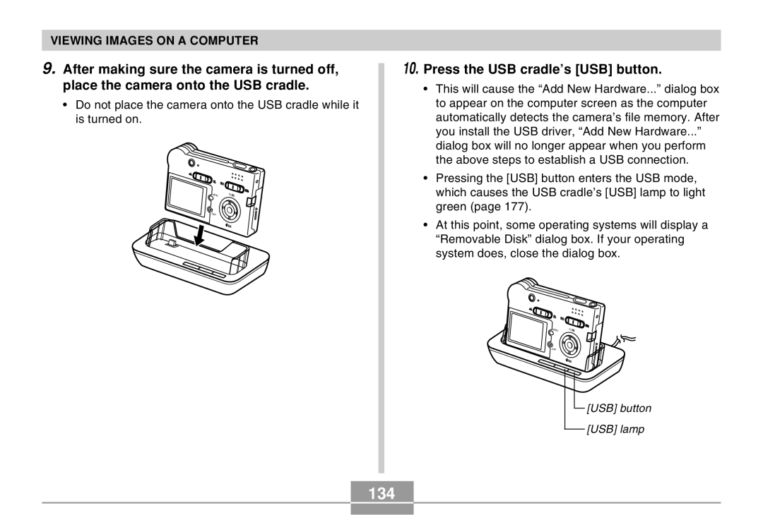 Casio EX-M20 manual 134, Press the USB cradle’s USB button 