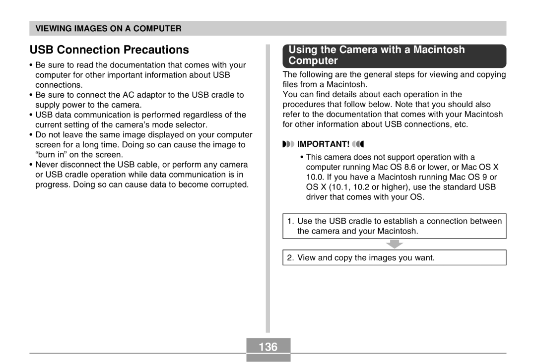 Casio EX-M20 manual USB Connection Precautions, 136, Using the Camera with a Macintosh Computer 