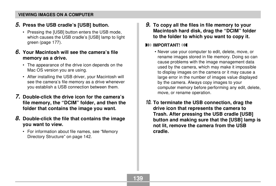 Casio EX-M20 manual 139, Your Macintosh will see the camera’s file memory as a drive 