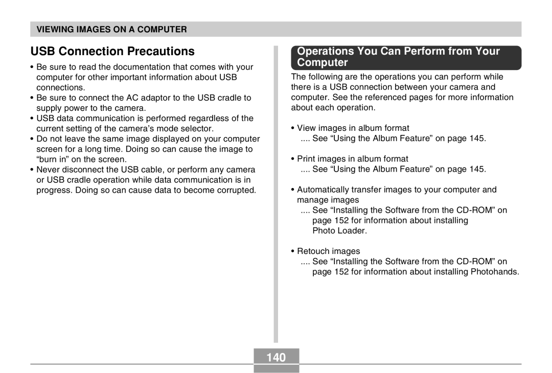 Casio EX-M20 manual 140, Operations You Can Perform from Your Computer 