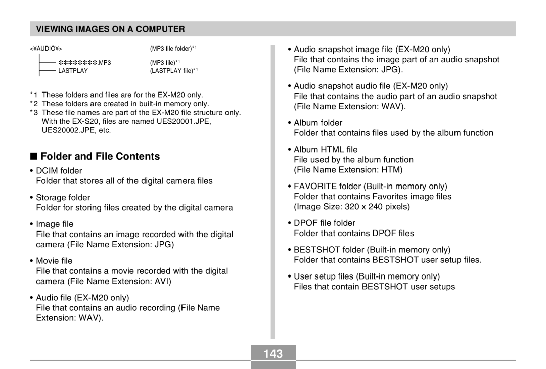 Casio EX-M20 manual 143, Folder and File Contents 