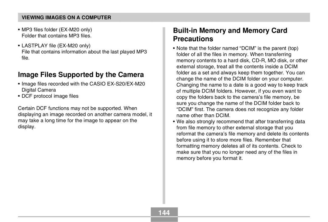 Casio EX-M20 manual Image Files Supported by the Camera, Built-in Memory and Memory Card Precautions, 144 