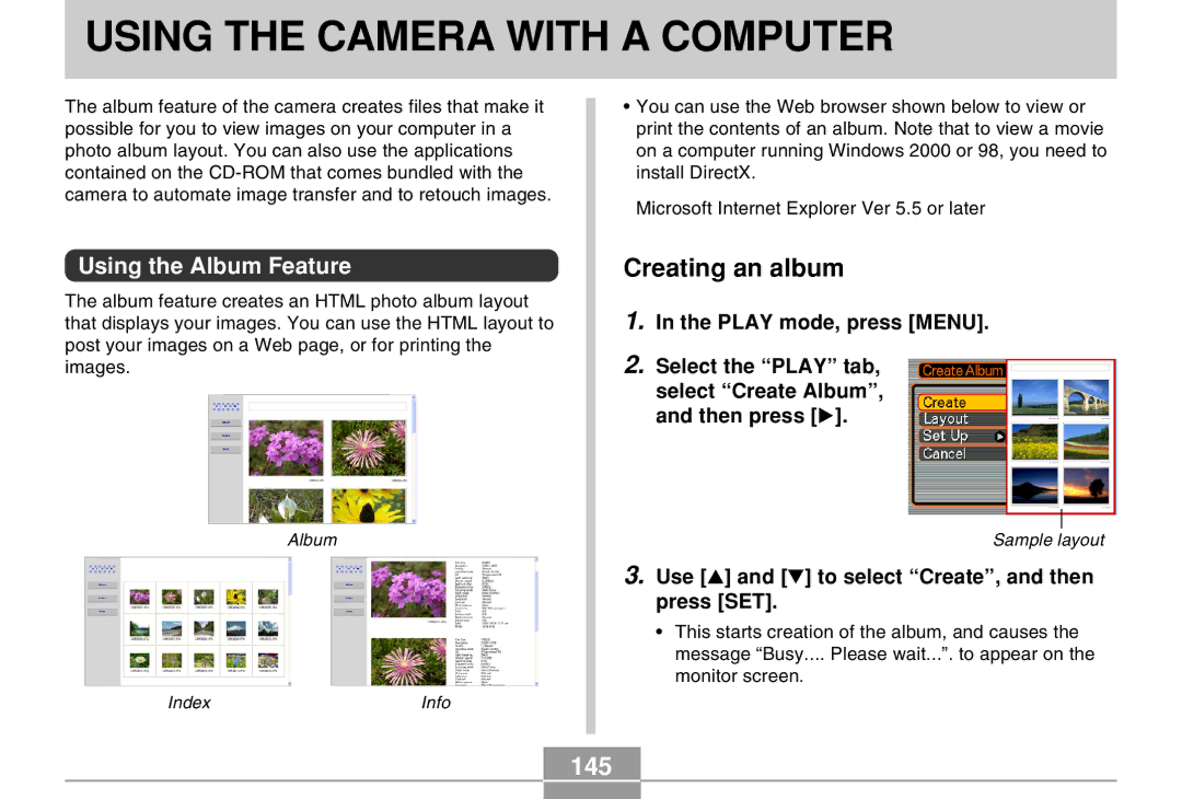 Casio EX-M20 manual Using the Camera with a Computer, Creating an album, 145, Using the Album Feature 