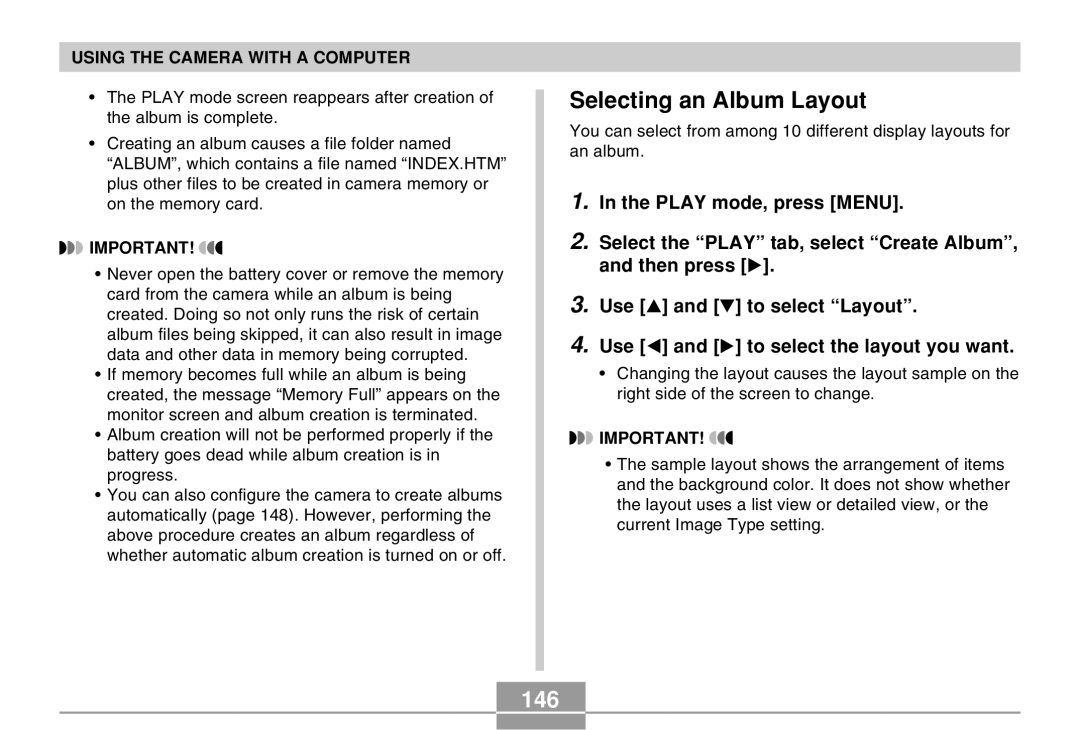 Casio EX-M20 manual Selecting an Album Layout, 146 