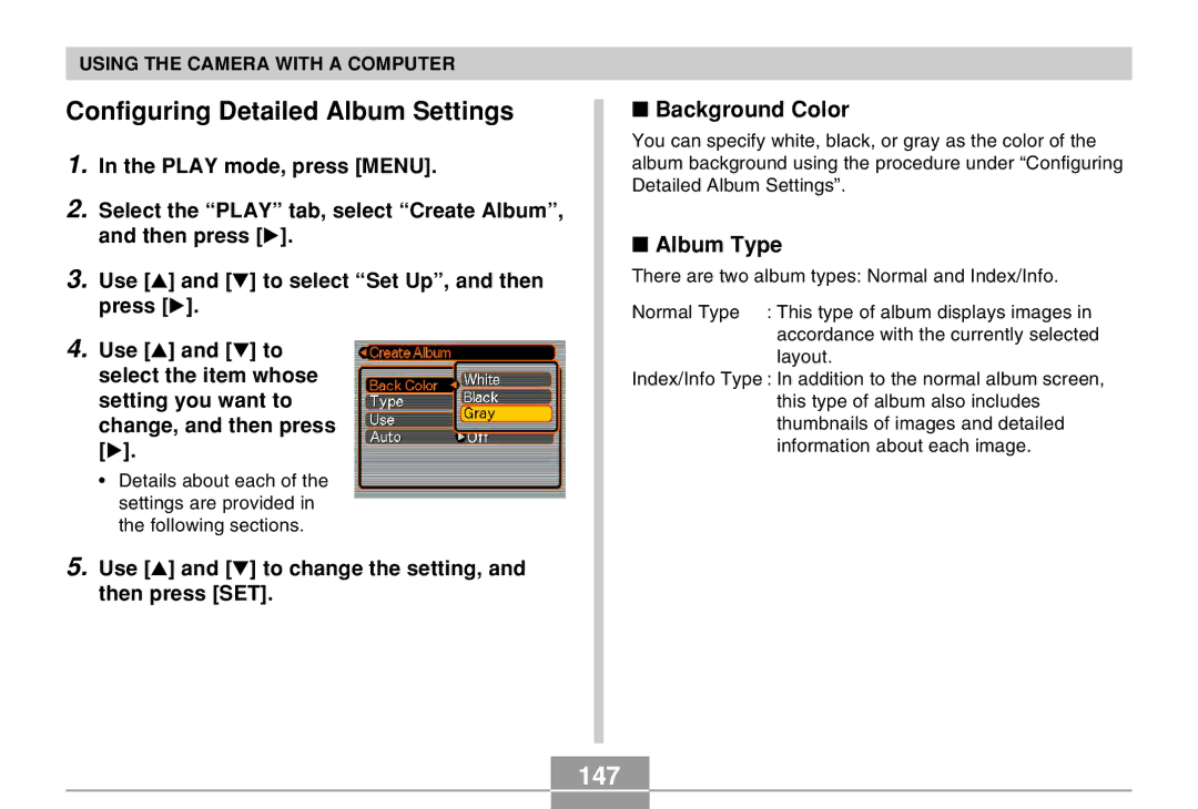 Casio EX-M20 manual Configuring Detailed Album Settings, 147, Background Color, Album Type 