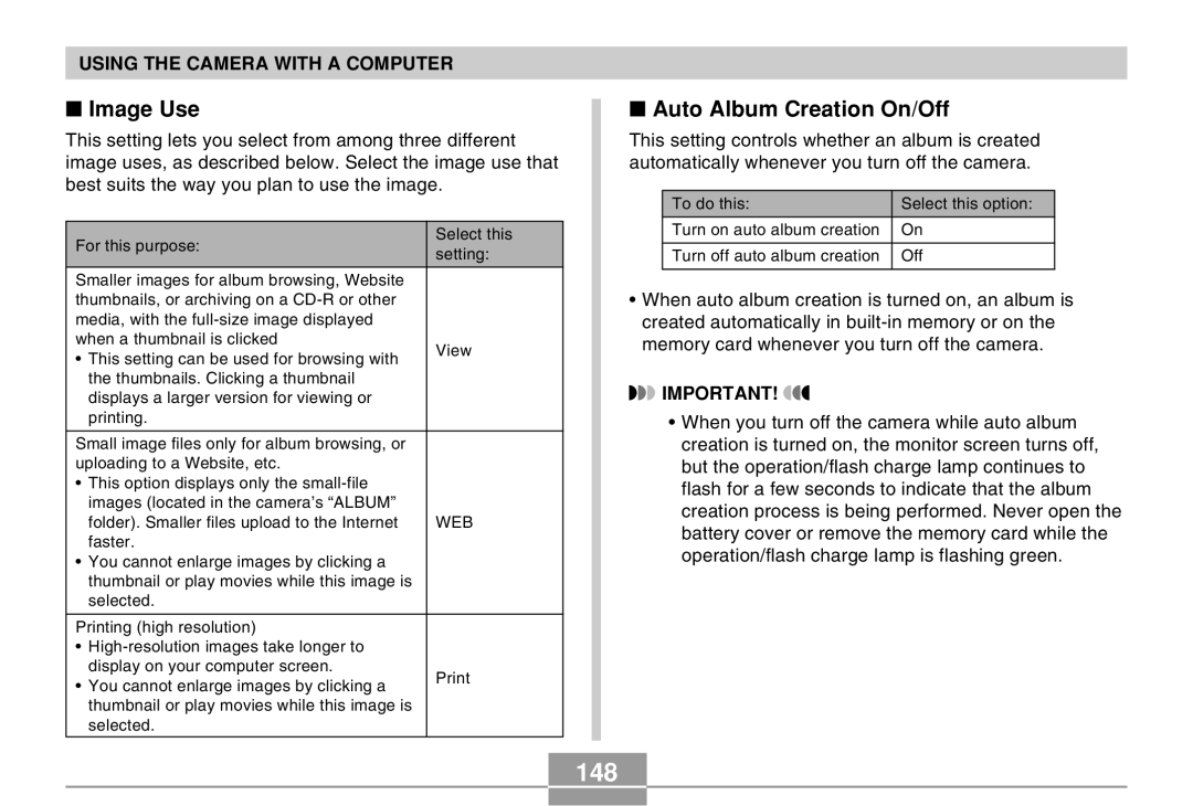 Casio EX-M20 manual 148, Image Use, Auto Album Creation On/Off 