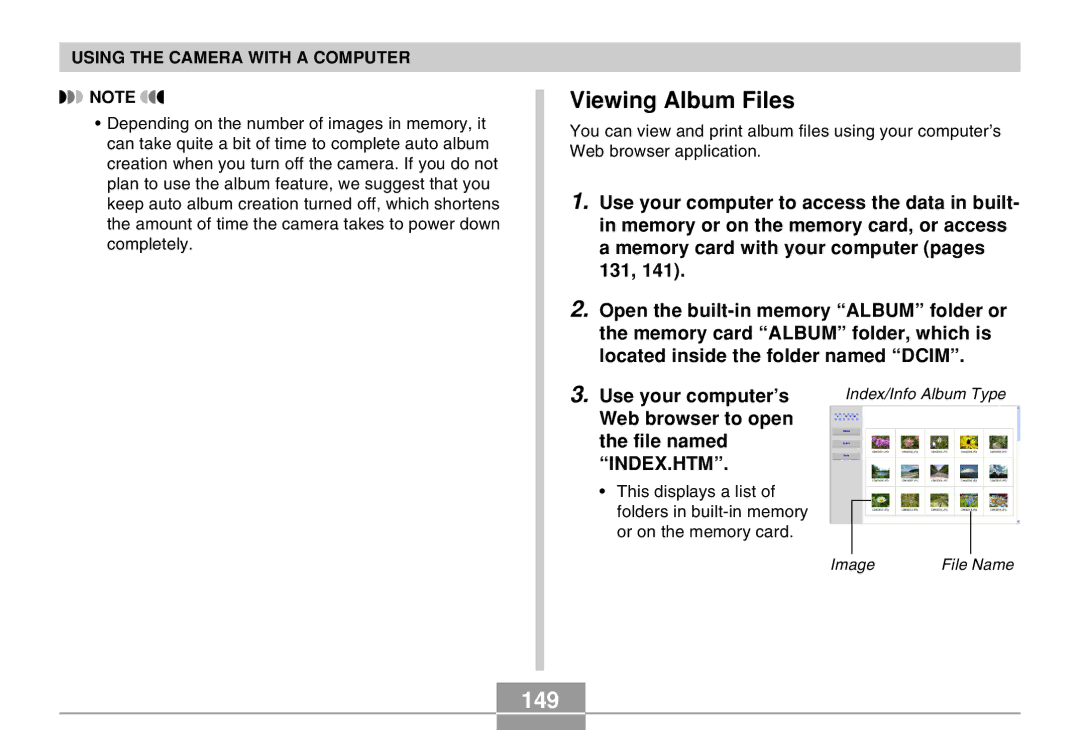 Casio EX-M20 manual Viewing Album Files, 149, Web browser to open File named 