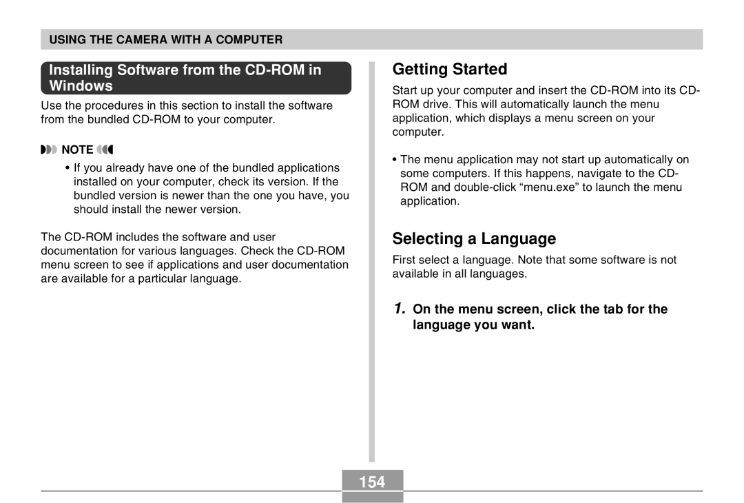 Casio EX-M20 manual Getting Started, Selecting a Language, 154, Installing Software from the CD-ROM in Windows 