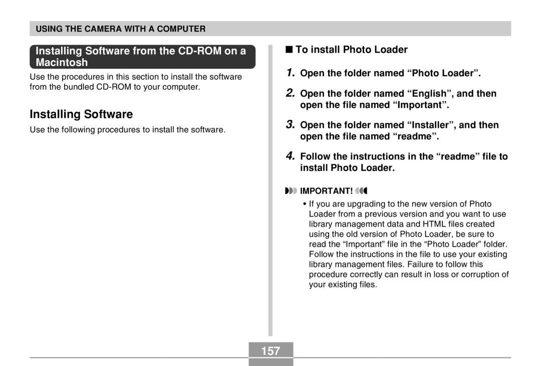 Casio EX-M20 manual 157, Installing Software from the CD-ROM on a Macintosh, To install Photo Loader 