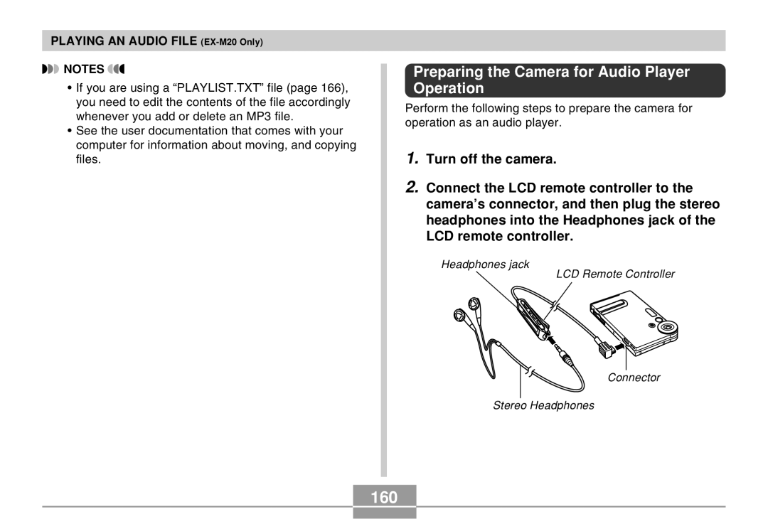 Casio manual 160, Preparing the Camera for Audio Player Operation, Playing AN Audio File EX-M20 Only 