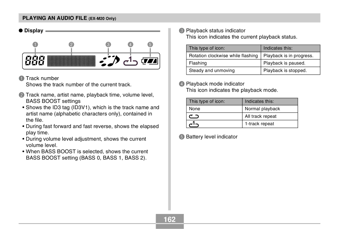 Casio manual 162, Playing AN Audio File EX-M20 Only Display 