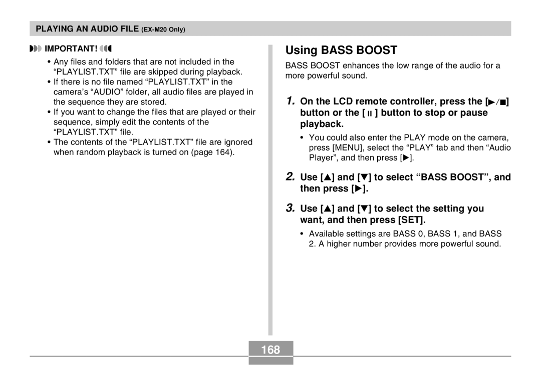 Casio EX-M20 manual Using Bass Boost, 168 