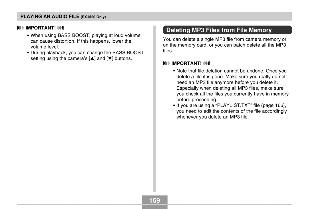 Casio EX-M20 manual 169, Deleting MP3 Files from File Memory 